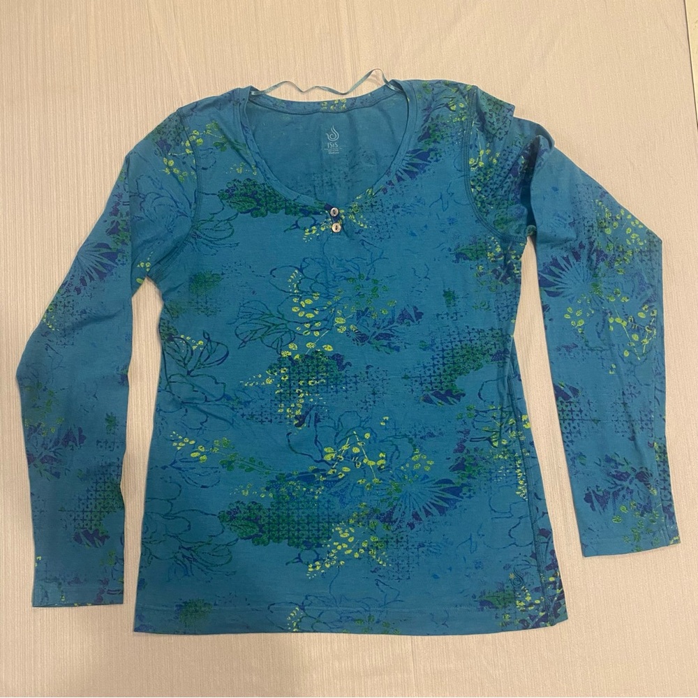 Isis Floral Teal Blue Long Sleeve Crew Neck Top